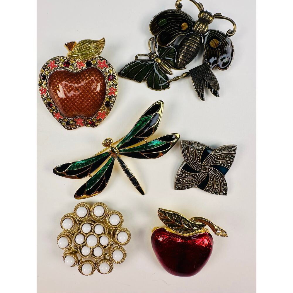 Vintage Enamel and Bead Brooch Pin Bundle Apple, Dragonfly, Sunburst